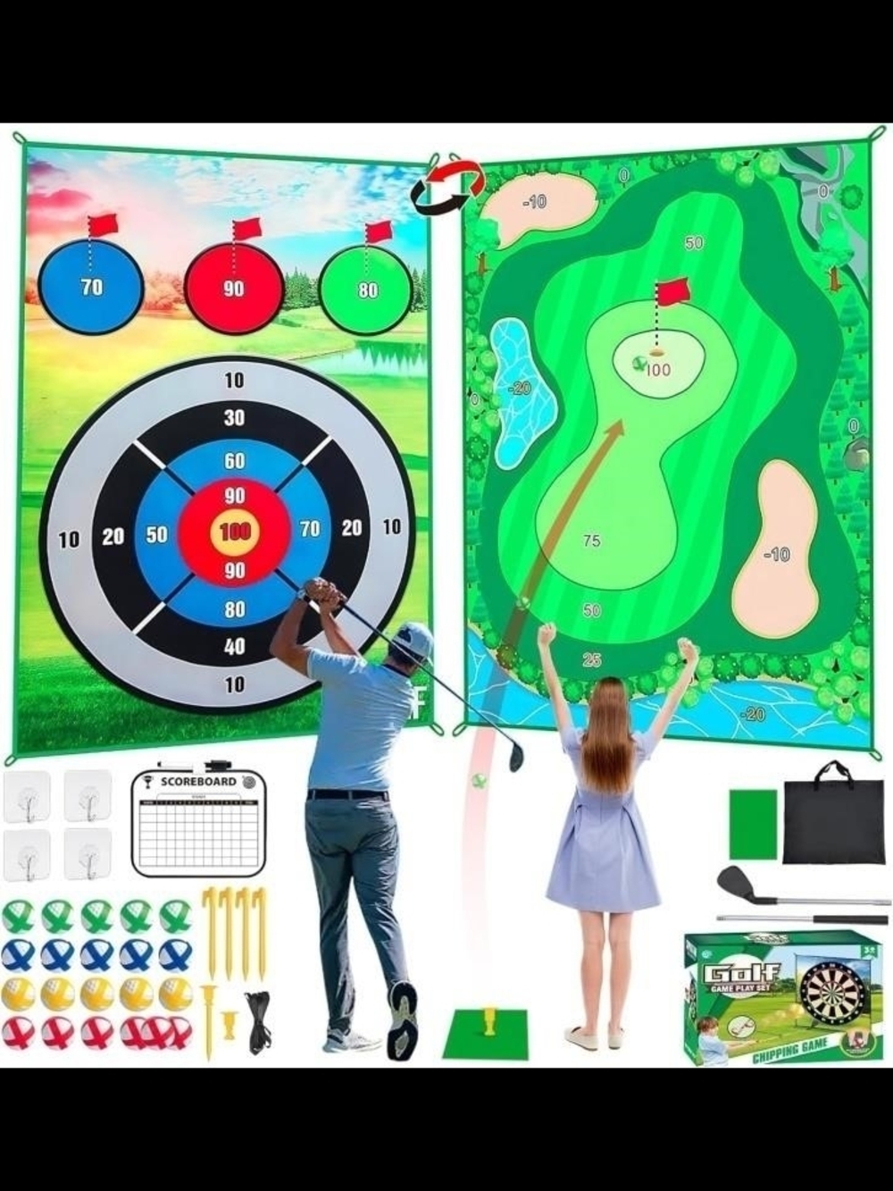 Golf Chipping Game with Double Sided Golf Hitting Mat, 6x4ft